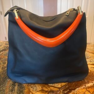 NWOT Made in Italy Black Leather Acetate Handled Satchel Top Handled Bag Purse